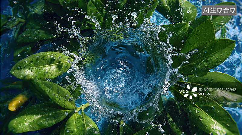 【AI数字艺术】浅蓝背景下的蓝色玻璃盘与水珠绿植图片素材