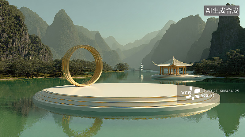 【AI数字艺术】山水间的金色圆环白色展台新中式场景图片素材