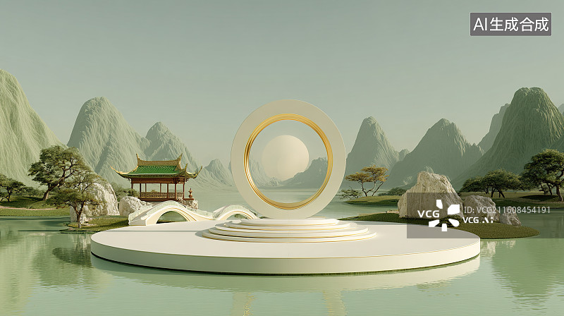 【AI数字艺术】山水间的金色圆环白色展台新中式场景图片素材