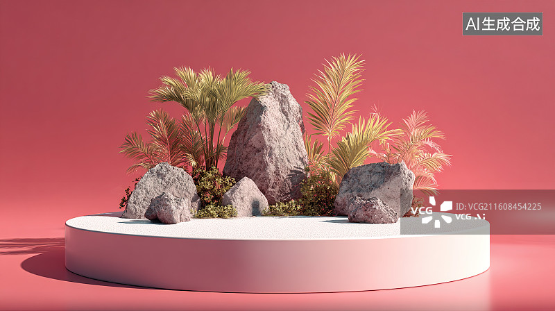 【AI数字艺术】粉色背景下的岩石绿植白色展台装饰场景图片素材