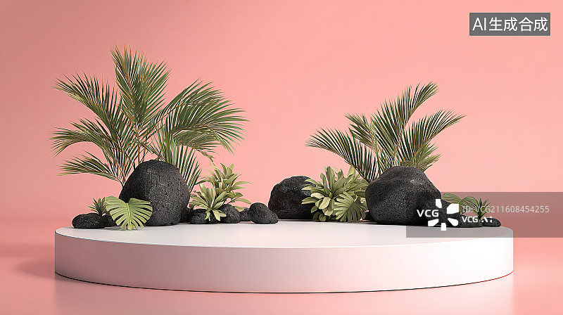 【AI数字艺术】粉色背景下的岩石绿植白色展台装饰场景图片素材