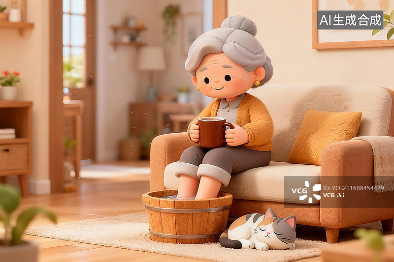 【AI数字艺术】3D卡通冬天抱着热水杯泡脚的老年人老奶奶插画图片素材
