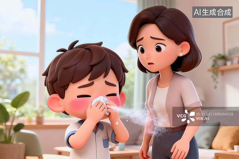 【AI数字艺术】3D卡通感冒流感打喷嚏生病的儿童小孩医疗插画图片素材