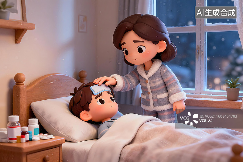【AI数字艺术】3D卡通妈妈照顾生病发烧的孩子宣传科普医疗插画1图片素材
