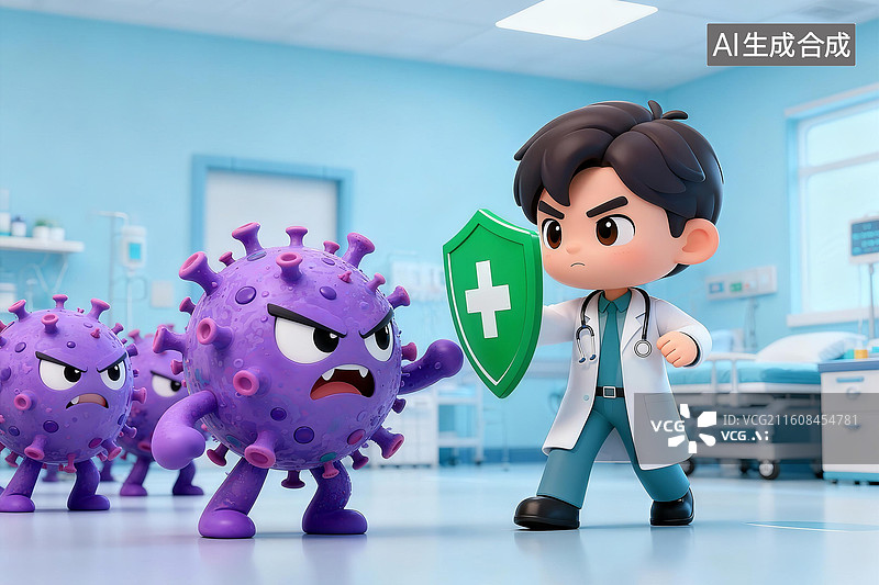 【AI数字艺术】3D卡通医生拿盾牌对抗感冒流感病毒宣传科普医疗插画图片素材