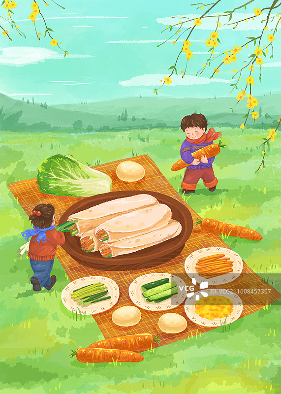 立春春天草地儿童和春饼图片素材