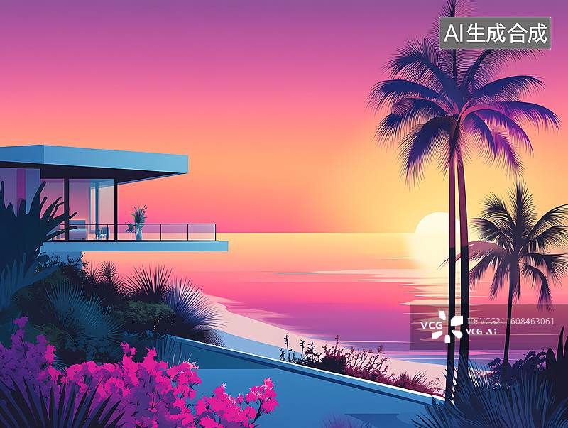 【AI数字艺术】海滨别墅的梦幻日落图片素材