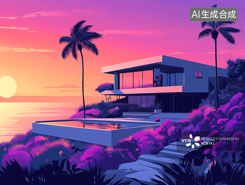 【AI数字艺术】海滨别墅的梦幻日落图片素材