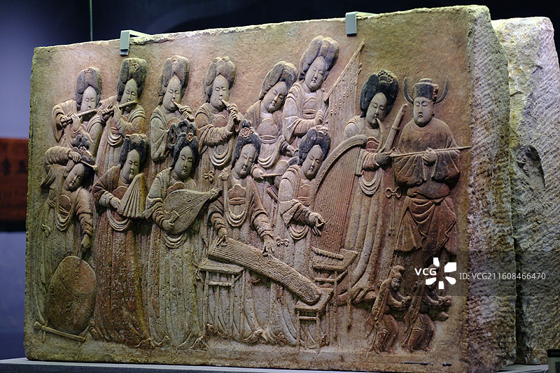 河北博物院镇馆之宝彩绘散乐浮雕。五代石刻文物图片素材