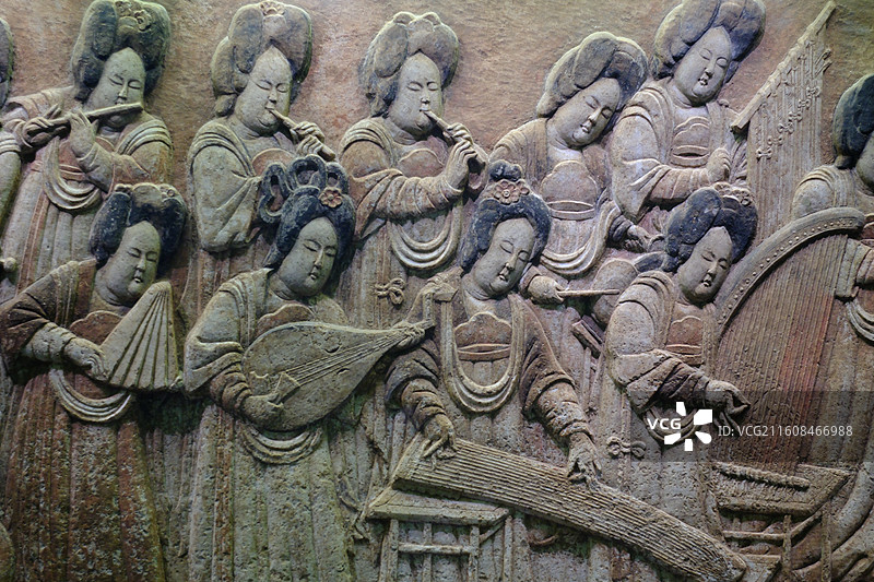 河北博物院镇馆之宝彩绘散乐浮雕。五代石刻文物图片素材