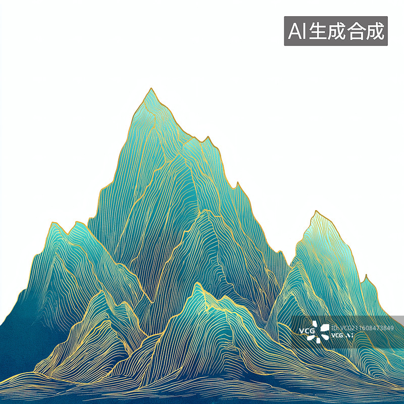 【AI数字艺术】山水意境：青绿山峰与金色线条的唯美融合图片素材