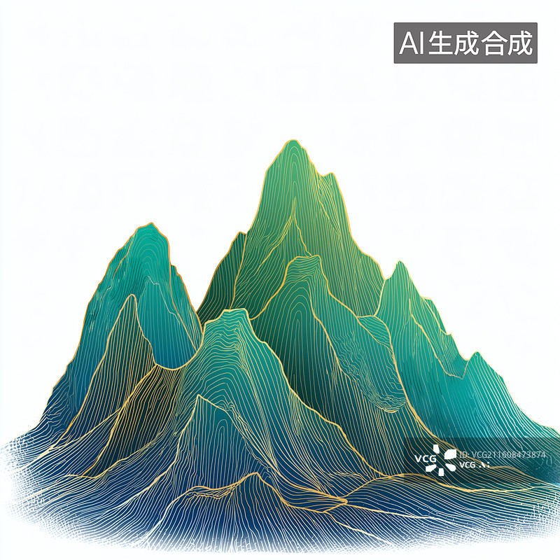 【AI数字艺术】山水意境：青绿山峰与金色线条的唯美融合图片素材