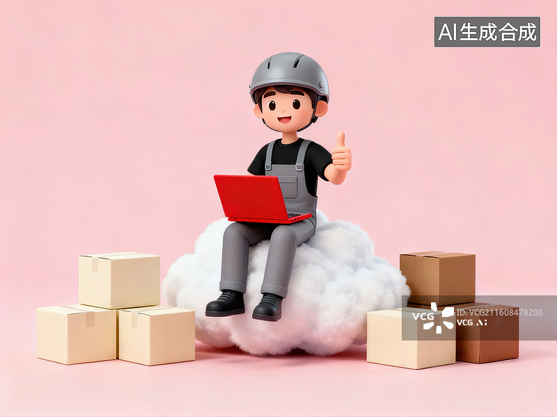 【AI数字艺术】卡通人物坐在云上使用笔记本电脑图片素材