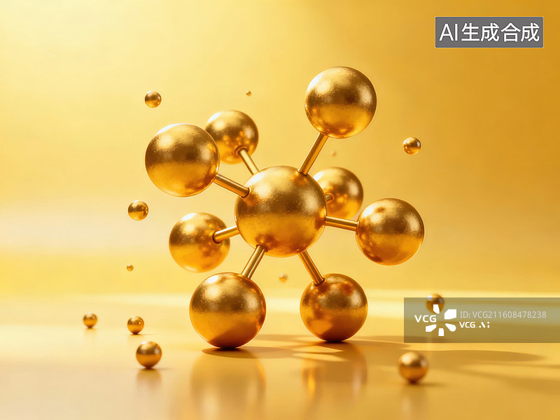 【AI数字艺术】金色分子结构模型图片素材