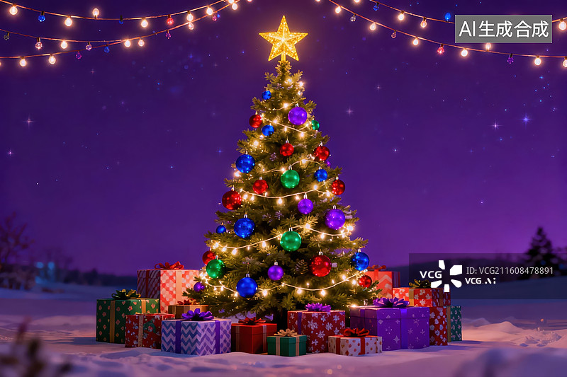 【AI数字艺术】雪夜圣诞树与礼物图片素材