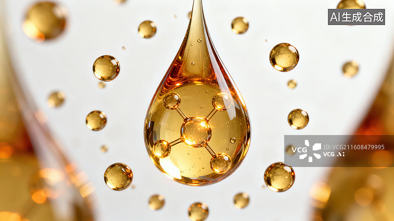 【AI数字艺术】金色液滴中的分子结构图片素材