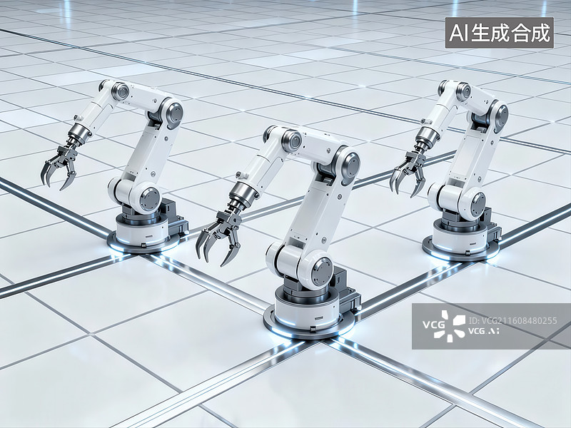 【AI数字艺术】三台机械臂在智能工厂中作业图片素材