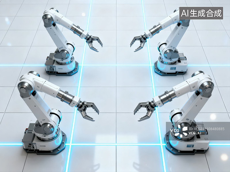 【AI数字艺术】四台机械臂在网格地面排列图片素材