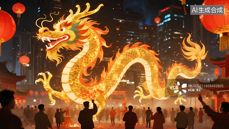 【AI数字艺术】城市夜景舞龙新年春节插画图片素材
