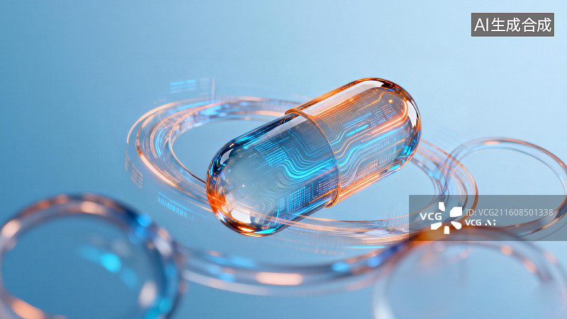 【AI数字艺术】科技感透明质感胶囊，医药图片素材