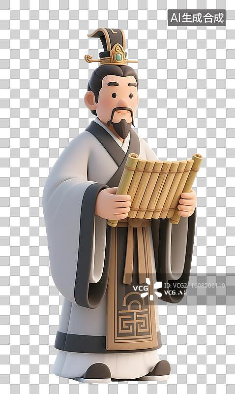 【AI数字艺术】AIGC：3D卡通手拿竹简的古代人物，历史人物，设计元素，免抠图图片素材