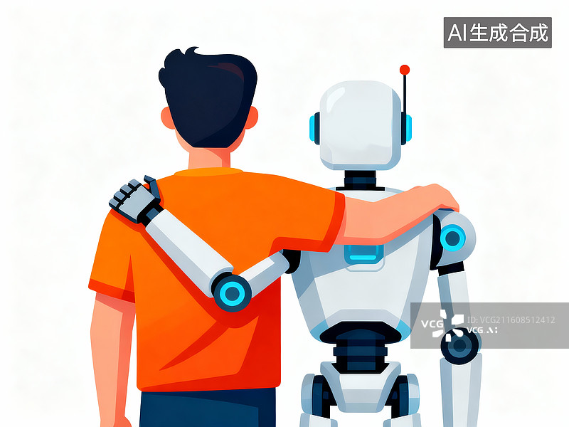 【AI数字艺术】机器人和人成为朋友图片素材