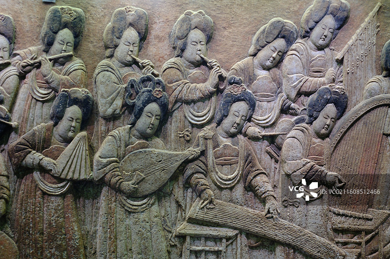 河北博物院镇馆之宝彩绘散乐浮雕。五代石刻文物图片素材