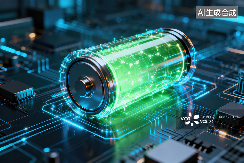 【AI数字艺术】电子电路板上的绿色电池图片素材