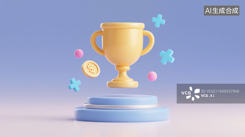 【AI数字艺术】粉色紫色渐变背景下的卡通奖杯周边散落着带有美元$货币符号的金币与圆形小球等装饰图片素材