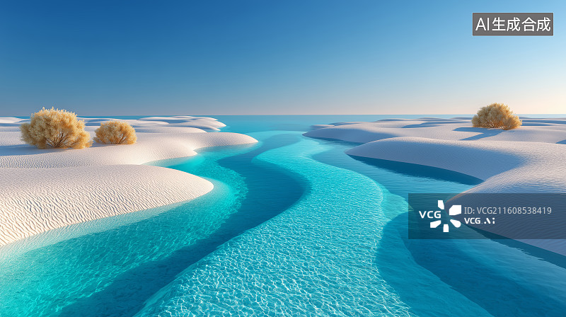 【AI数字艺术】沙漠中的蓝色水道图片素材