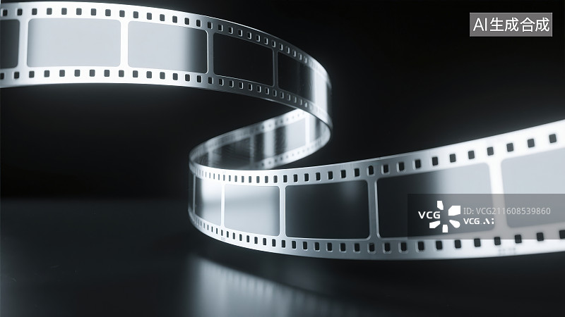 【AI数字艺术】黑色背景下弯曲波浪形银色胶卷胶片组成的框架边框图片素材