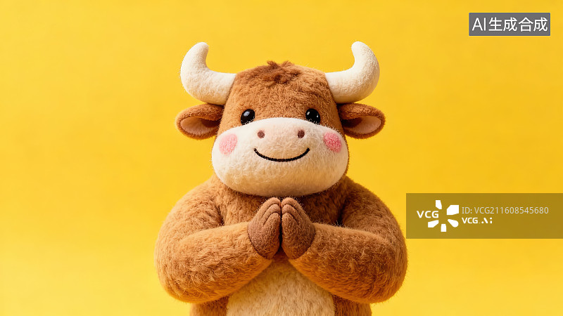 【AI数字艺术】黄色背景下的羊毛毡毛绒可爱萌系小动物十二生肖牛年小牛玩偶手作摆件用双手抱拳做拜年动作图片素材