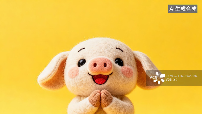 【AI数字艺术】黄色背景下的羊毛毡毛绒可爱萌系小动物十二生肖猪年小猪玩偶手作摆件用双手抱拳做拜年动作图片素材