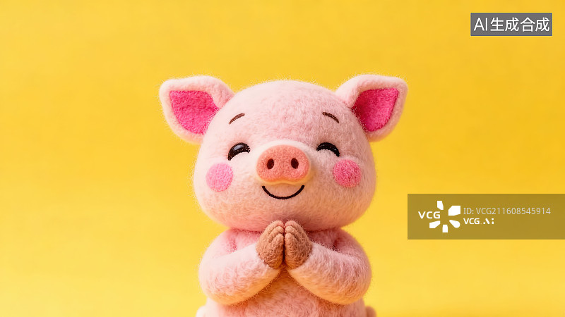 【AI数字艺术】黄色背景下的羊毛毡毛绒可爱萌系小动物十二生肖猪年小猪玩偶手作摆件用双手抱拳做拜年动作图片素材