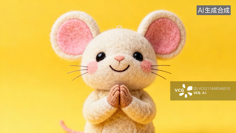 【AI数字艺术】黄色背景下的羊毛毡毛绒可爱萌系小动物十二生肖鼠年小老鼠玩偶手作摆件用双手抱拳做拜年动作图片素材