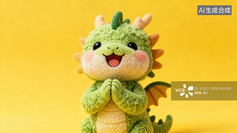 【AI数字艺术】黄色背景下的羊毛毡毛绒可爱萌系小动物十二生肖龙年玩偶手作摆件用双手抱拳做拜年动作图片素材