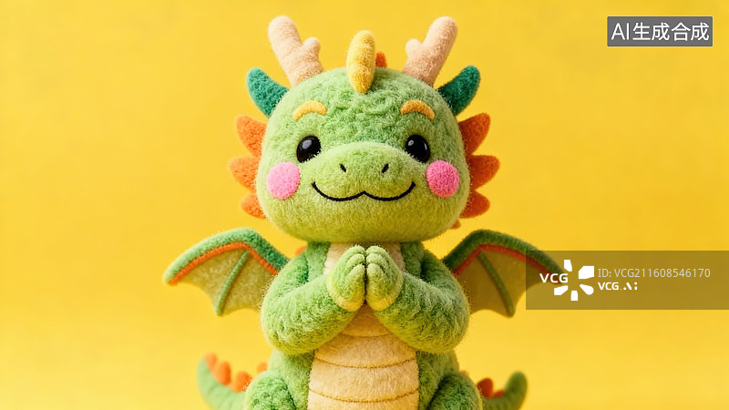 【AI数字艺术】黄色背景下的羊毛毡毛绒可爱萌系小动物十二生肖龙年玩偶手作摆件用双手抱拳做拜年动作图片素材