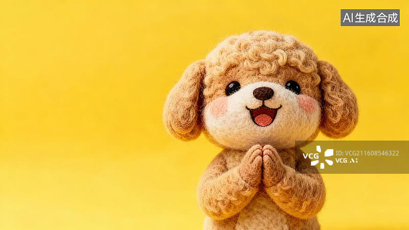 【AI数字艺术】黄色背景下的羊毛毡毛绒可爱萌系小动物十二生肖狗年小狗玩偶手作摆件用双手抱拳做拜年动作图片素材
