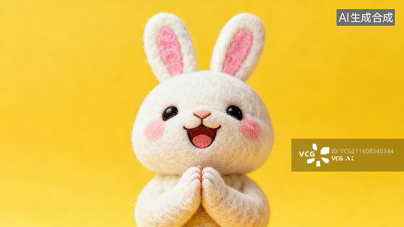 【AI数字艺术】黄色背景下的羊毛毡毛绒可爱萌系小动物十二生肖兔年小白兔玩偶手作摆件用双手抱拳做拜年动作图片素材