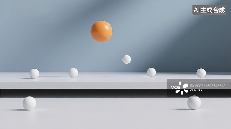 【AI数字艺术】灰色背景下多个白色简约悬浮和一个橙色彩色球体，极简几何装饰抽象背景图片素材
