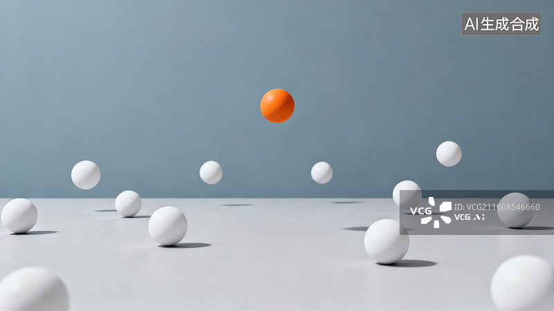 【AI数字艺术】灰色背景下多个白色简约悬浮和一个橙色彩色球体，极简几何装饰抽象背景图片素材
