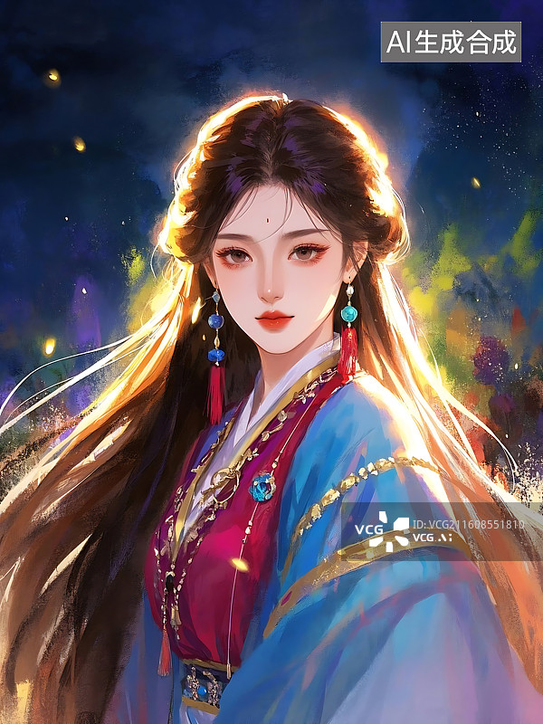 【AI数字艺术】古典美人：华丽服饰与梦幻光影图片素材