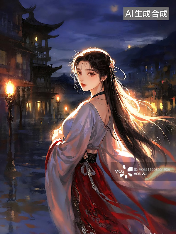 【AI数字艺术】夜色下的古风女子图片素材