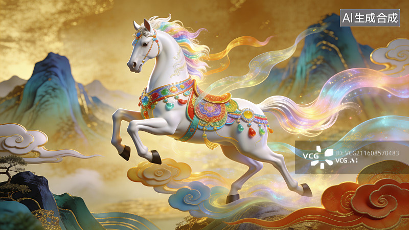 【AI数字艺术】国风祥瑞彩饰白马新春喜庆背景素材图片素材