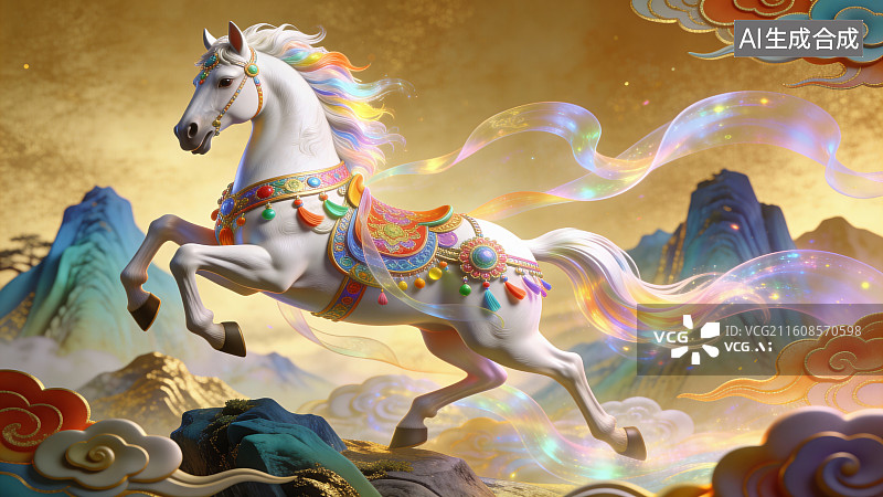 【AI数字艺术】国风祥瑞彩饰白马新春喜庆背景素材图片素材
