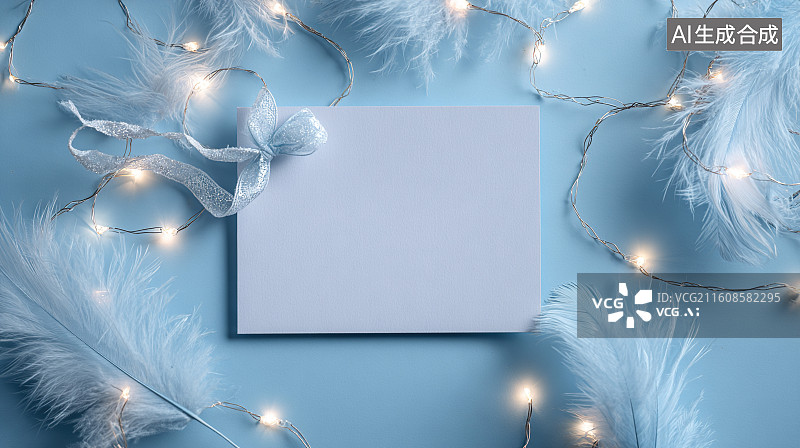 【AI数字艺术】浅蓝背景下的羽毛灯串空白卡片浪漫装饰场景图片素材