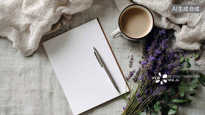 【AI数字艺术】浅灰亚麻布背景下的咖啡杯薰衣草空白卡片文艺场景图片素材