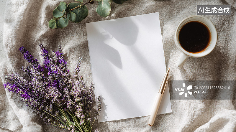 【AI数字艺术】浅灰亚麻布背景下的咖啡杯薰衣草空白卡片文艺场景图片素材
