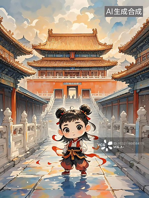 【AI数字艺术】动漫风格中国女孩在古老建筑前的可爱形象图片素材