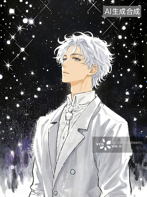 【AI数字艺术】星光下的银发少年图片素材